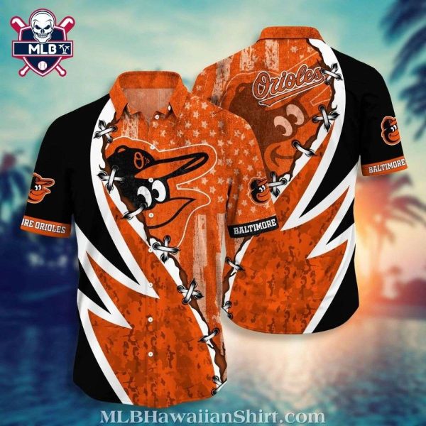 Orioles Aloha Shirt With Dynamic Swirl And Star Pattern In Team Colors