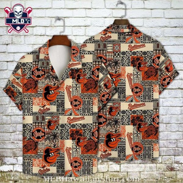 Orioles Aloha Shirt With Tribal and Team Emblem Pattern In Black And Orange