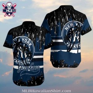 Palm Silhouette Splattered Paint Backdrop NY Yankees Hawaiian Shirt