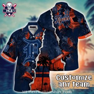 Personalized Sunset Palms Detroit Tigers Navy Aloha Shirt