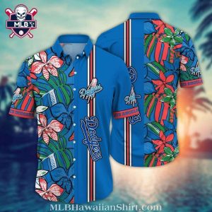 Red Hibiscus And Tropical Leaves Dodgers Aloha Shirt