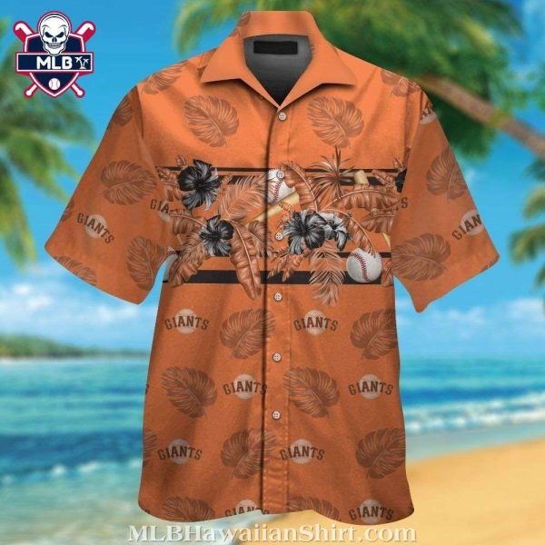 SF Giants Baseball And Tropical Leaves Hawaiian Shirt – Playful Orange