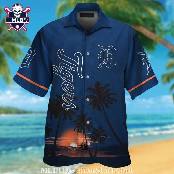 Sunset And Palm Tree silhouette Detroit Tigers Aloha Shirt