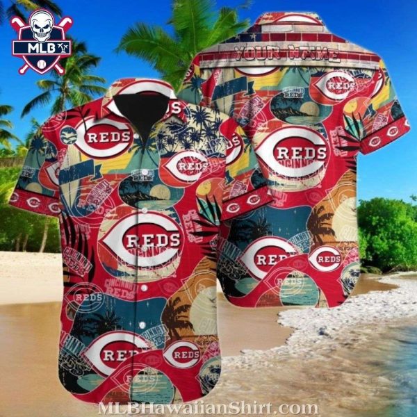 Sunset Surfboards And Palms Cincinnati Reds Tropical Hawaiian Shirt