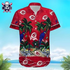 Tropical Birds And Palms Cincinnati Reds Fan Aloha Shirt