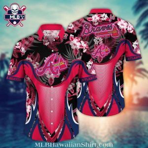 Vibrant Floral Emblem Atlanta Braves Aloha Shirt – Pink And Black Swirls