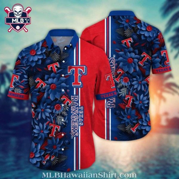 Vibrant Red And Navy Floral Patterns Texas Rangers Aloha Shirt