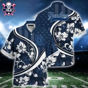 White Hibiscus Navy US Flag NY Yankees Hawaiian Shirt