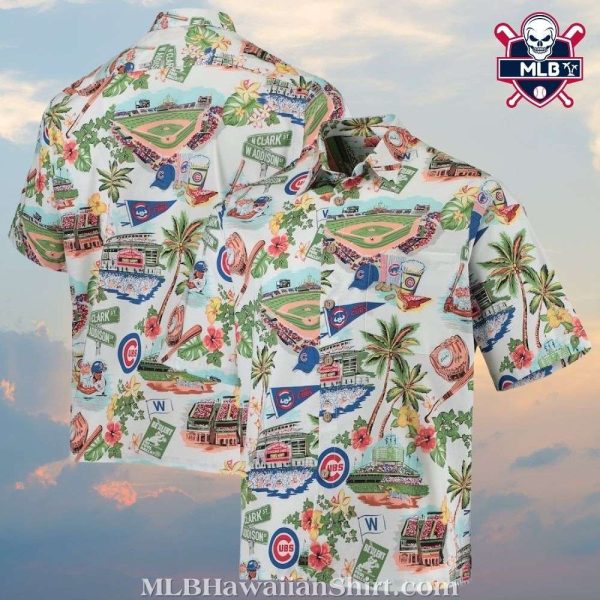 Wrigley Field Charm – Vintage Chicago Cubs Tropical Aloha Shirt With City Icons