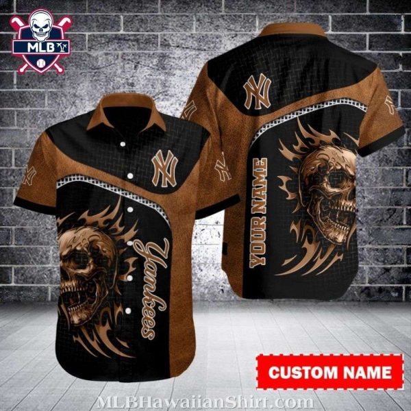 Yankees Flaming Skull Custom Name Hawaiian Shirt In Fiery Black And Brown