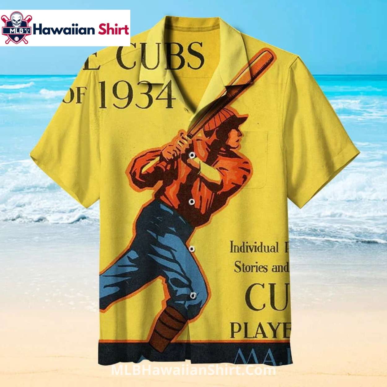 1934 Baseball Player Yellow Chicago Cubs Aloha Shirt Vintage Look 1934 Baseball Player Yellow Chicago Cubs Aloha Shirt Vintage Look