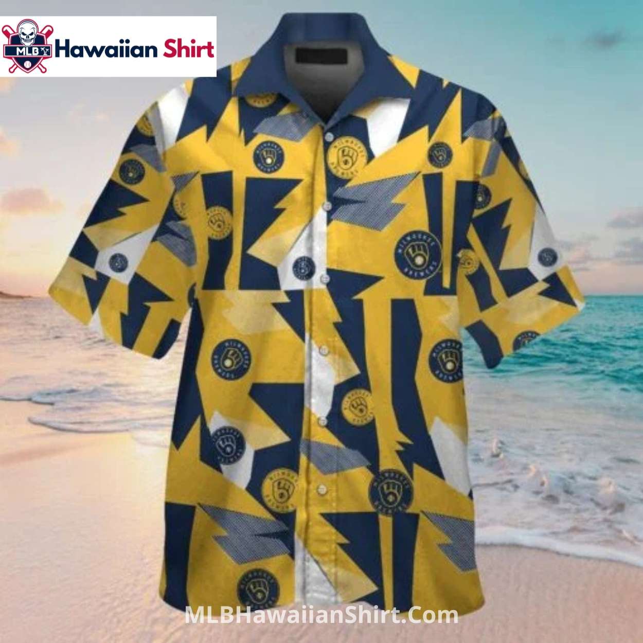 Abstract Yellow Navy Brewers Hawaiian Shirt Lightning Style Abstract Yellow Navy Brewers Hawaiian Shirt Lightning Style