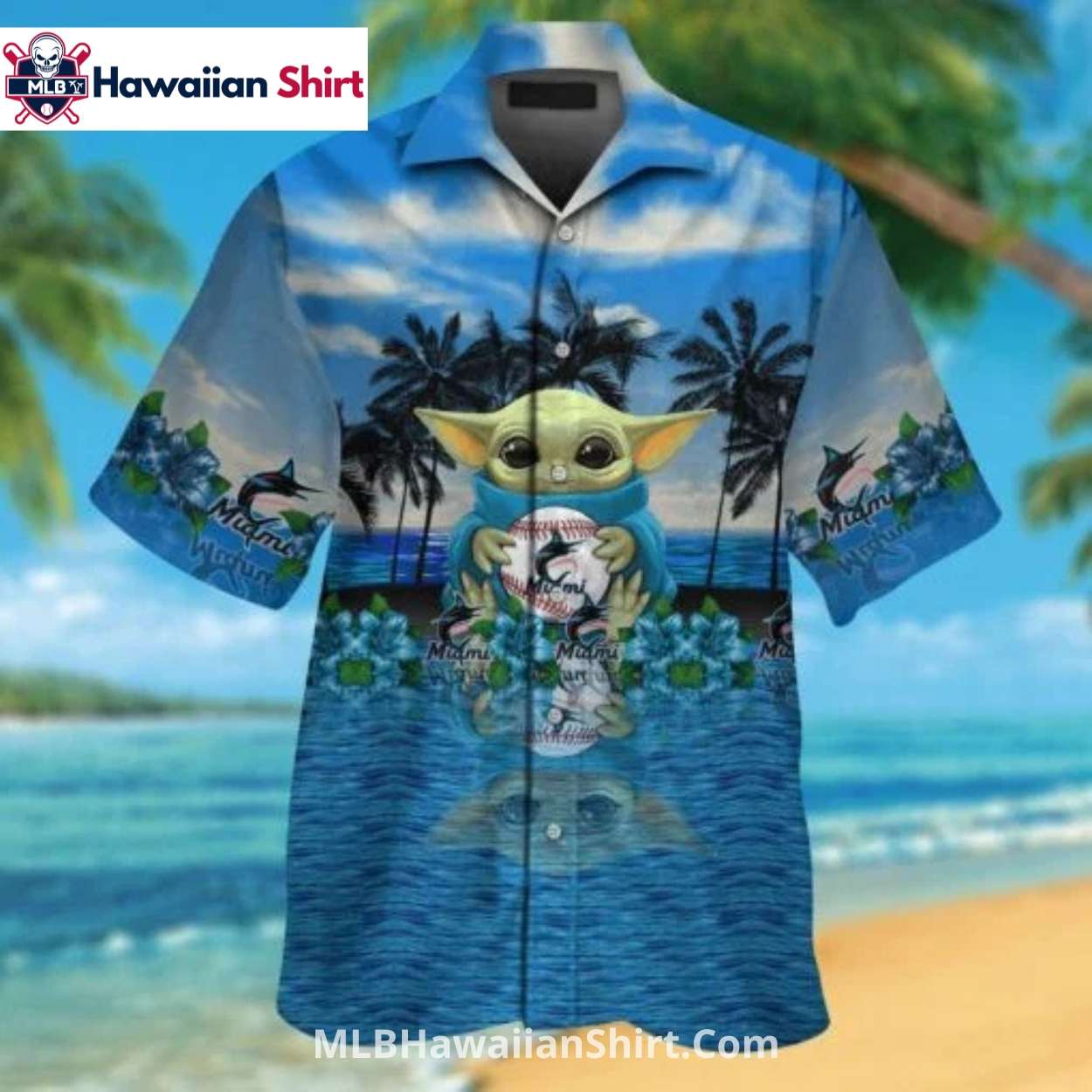 Baby Yoda Beach Scene Miami Marlins Hawaiian Shirt Baby Yoda Beach Scene Miami Marlins Hawaiian Shirt
