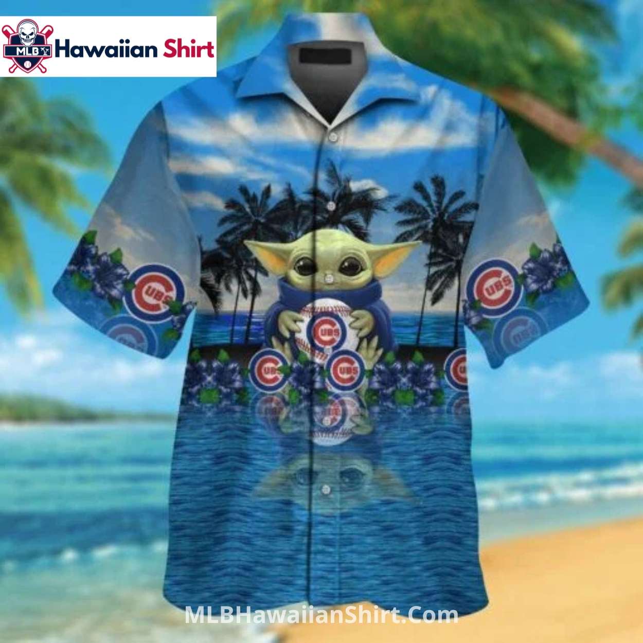 Baby Yoda Cubs Hawaiian Shirt With Palms And Ocean View Baby Yoda Cubs Hawaiian Shirt With Palms And Ocean View