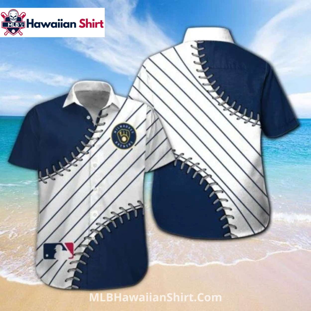 Baseball Stitch Pattern Brewers Hawaiian Shirt White Navy Baseball Stitch Pattern Brewers Hawaiian Shirt White Navy