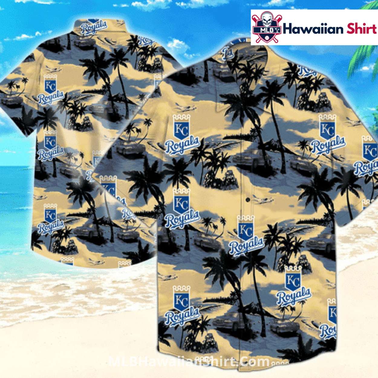 Beach Sunset KC Royals Aloha Shirt With Tropical Palms Beach Sunset KC Royals Aloha Shirt With Tropical Palms