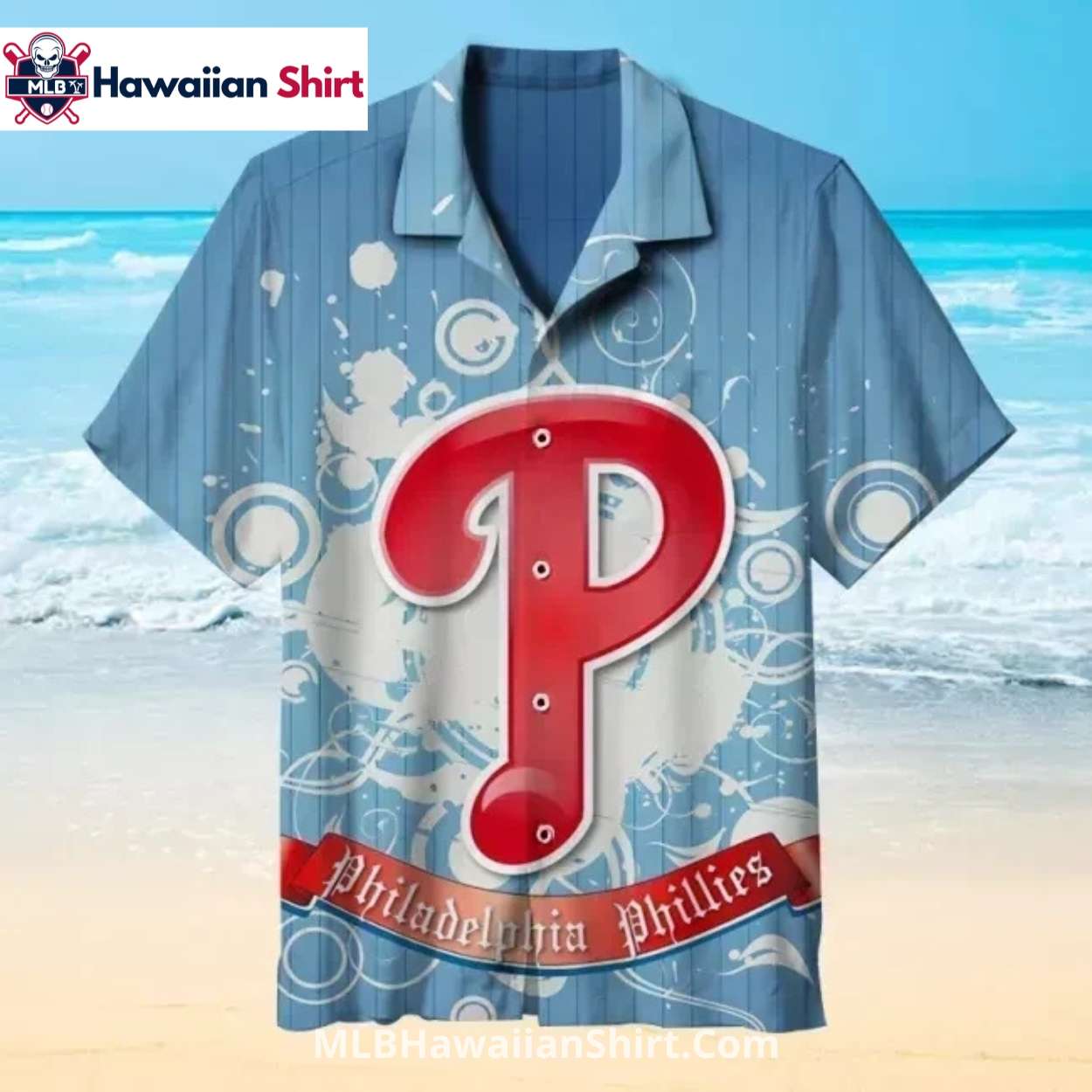 Big Red Logo Phillies Hawaiian Shirt On Blue Splatter Big Red Logo Phillies Hawaiian Shirt On Blue Splatter