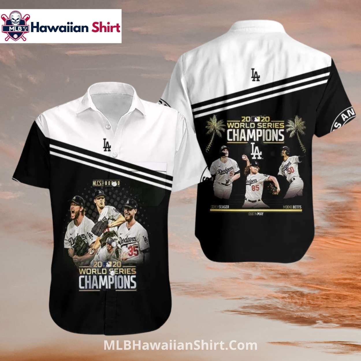 Black And White 2020 LA Dodgers Aloha Shirt With Player Graphics Black And White 2020 LA Dodgers Aloha Shirt With Player Graphics
