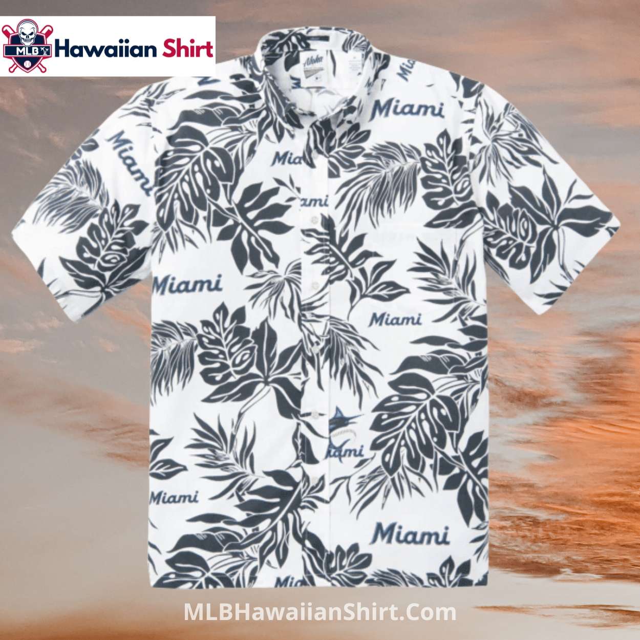 Black And White Leaf Pattern Miami Marlins Aloha Shirt Black And White Leaf Pattern Miami Marlins Aloha Shirt