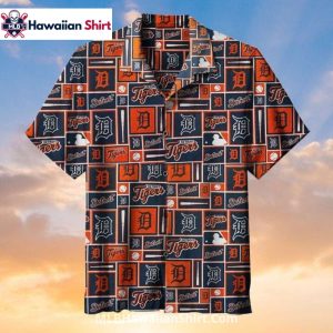 Block Patchwork Detroit Tigers Aloha Shirt In Orange