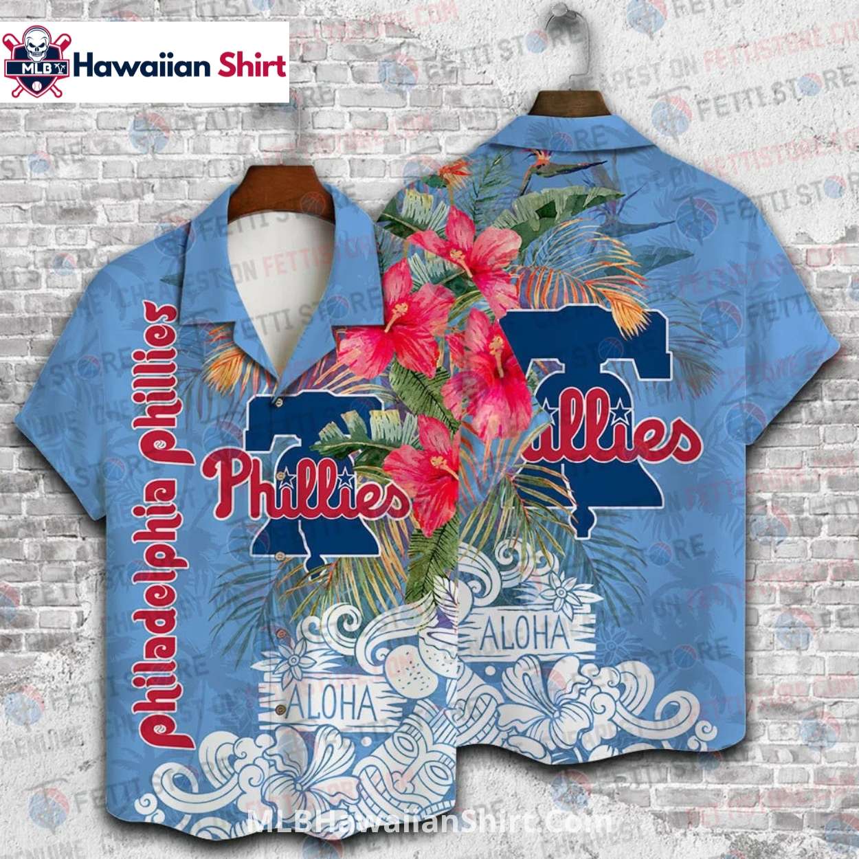 Blue Aloha Wave Phillies Hawaiian Shirt With Hibiscus Blue Aloha Wave Phillies Hawaiian Shirt With Hibiscus
