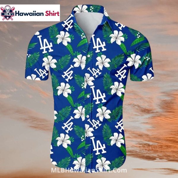 Blue Floral Print LA Dodgers Hawaiian Shirt With White Blossoms