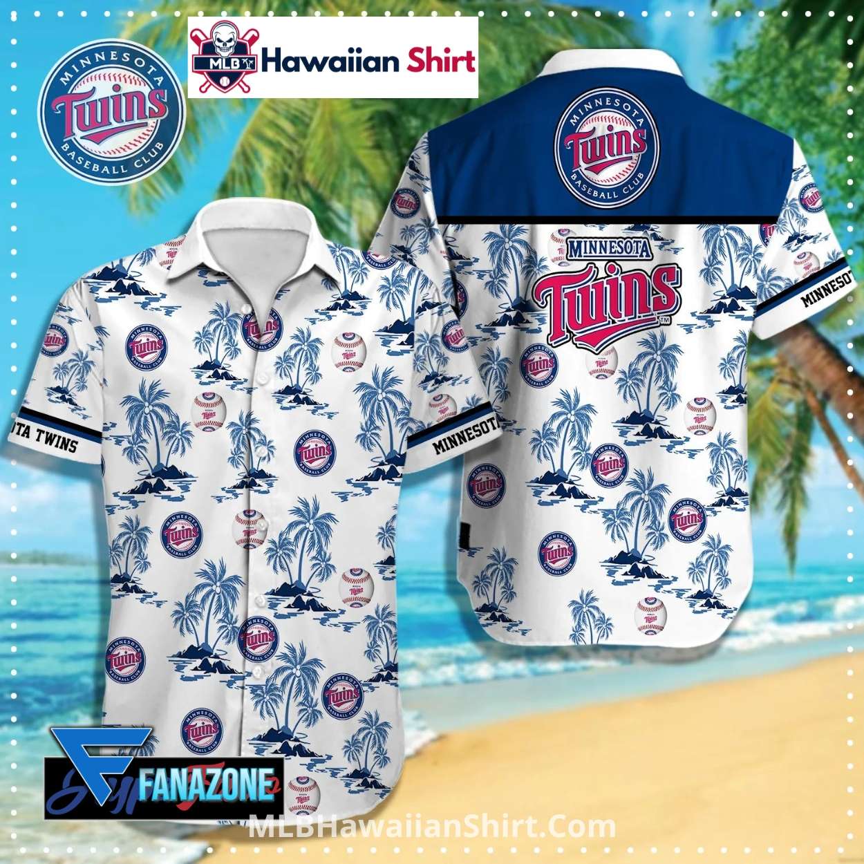 Blue Palm Tree Beach Twins Hawaiian Shirt With Logos Blue Palm Tree Beach Twins Hawaiian Shirt With Logos