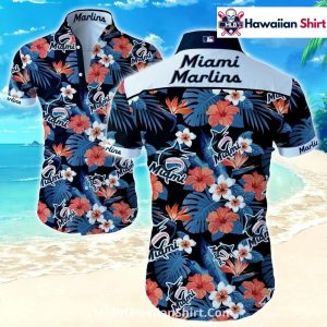 Bold Floral Marlins Hawaiian Shirt Navy Orange Design