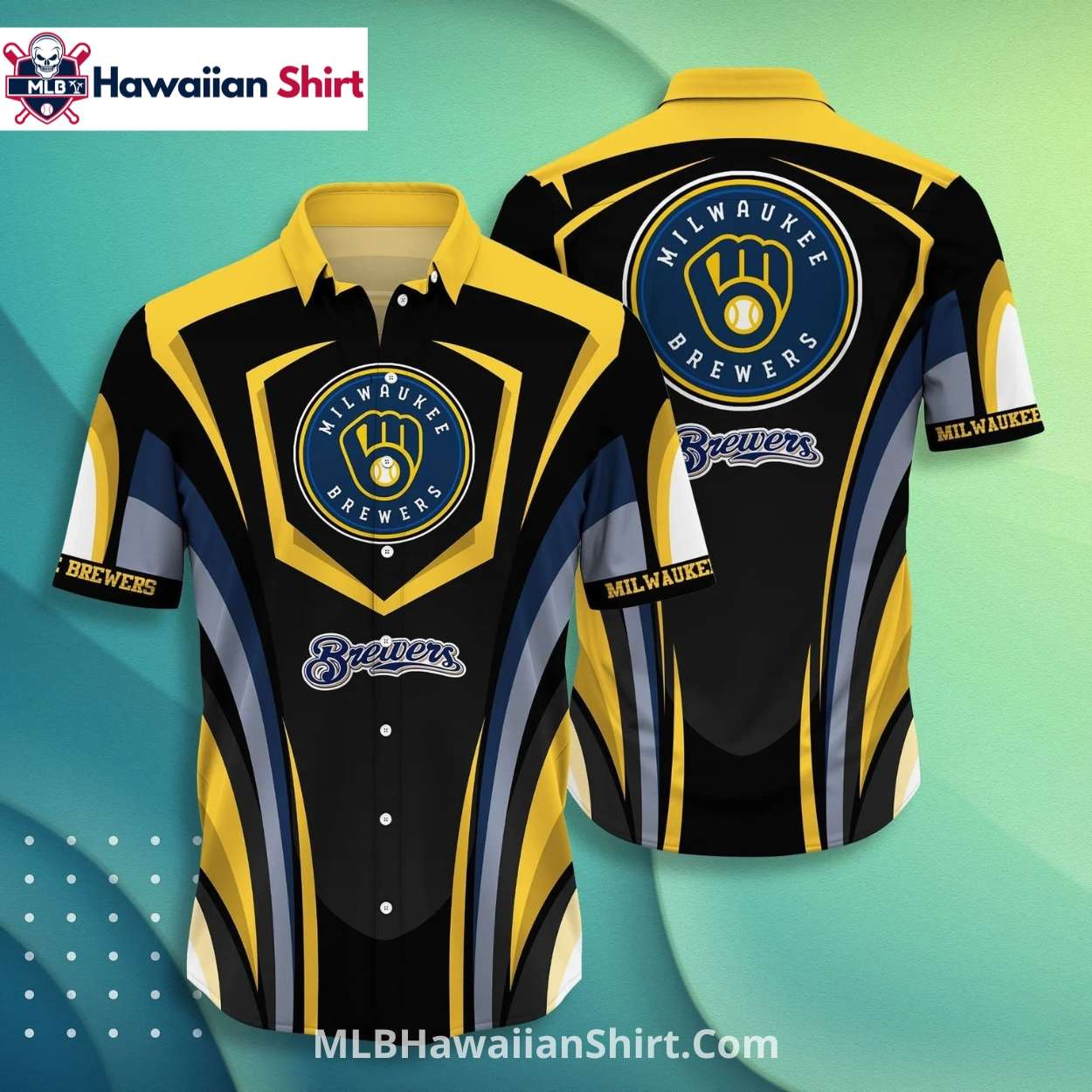 Bold Geometric Brewers Hawaiian Shirt Black Yellow Blue Bold Geometric Brewers Hawaiian Shirt Black Yellow Blue