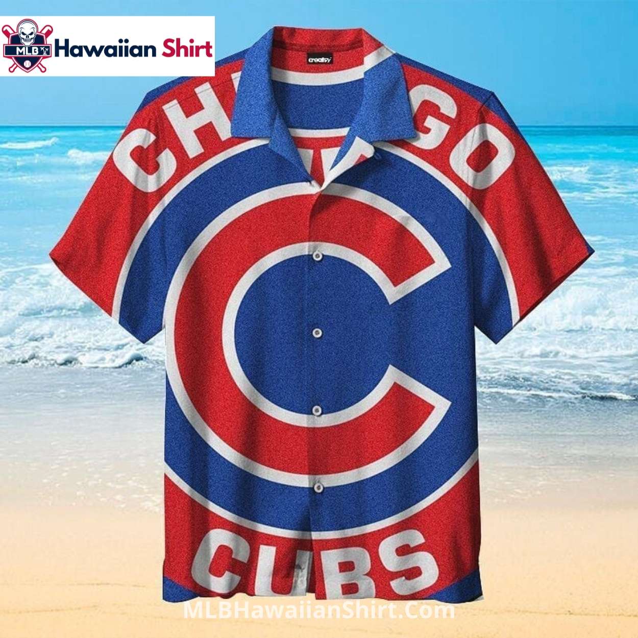 Bold Oversized Chicago Cubs Logo Aloha Shirt Red And Blue Bold Oversized Chicago Cubs Logo Aloha Shirt Red And Blue