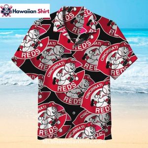 Classic Mascot Print Cincinnati Reds Aloha Shirt Black