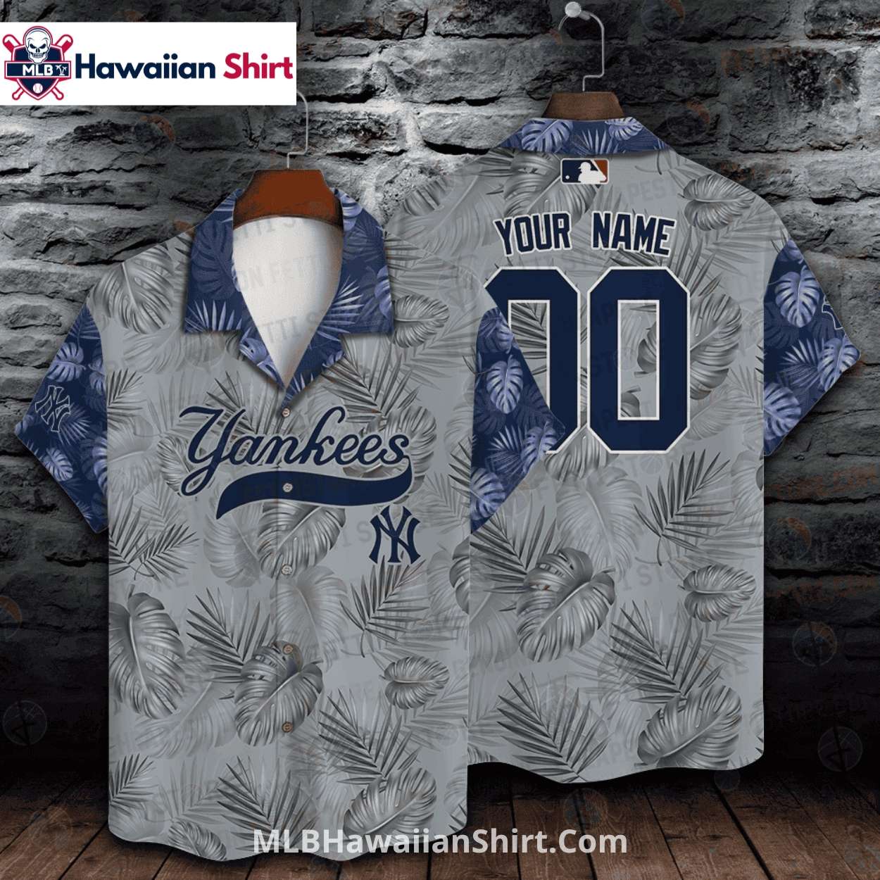 Custom Name Gray NY Yankees Hawaiian Shirt With Leaf Print Custom Name Gray NY Yankees Hawaiian Shirt With Leaf Print