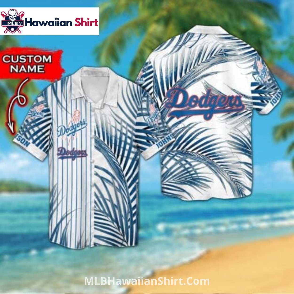 Custom Name Palm Leaf LA Dodgers Hawaiian Shirt White And Blue Custom Name Palm Leaf LA Dodgers Hawaiian Shirt White And Blue