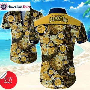 Dark Floral Yellow Crest Pittsburgh Pirates Aloha Shirt