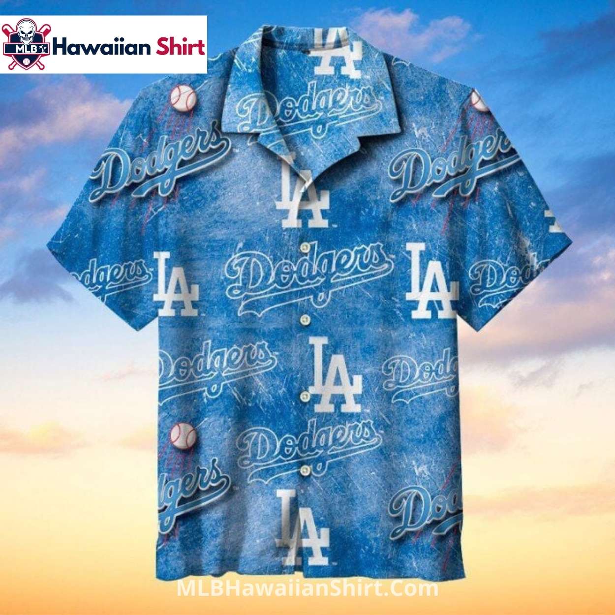 Distressed Blue LA Dodgers Hawaiian Shirt With Baseball Icons Distressed Blue LA Dodgers Hawaiian Shirt With Baseball Icons