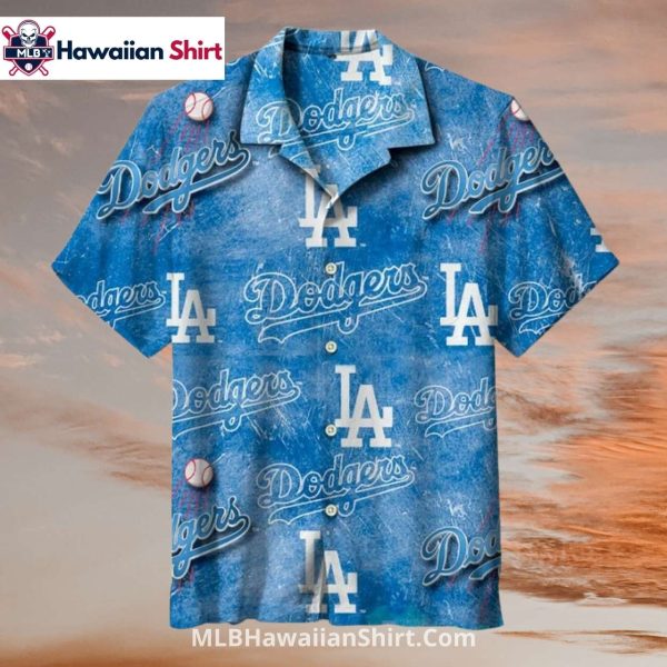 Distressed Blue Logo Print LA Dodgers Hawaiian Shirt