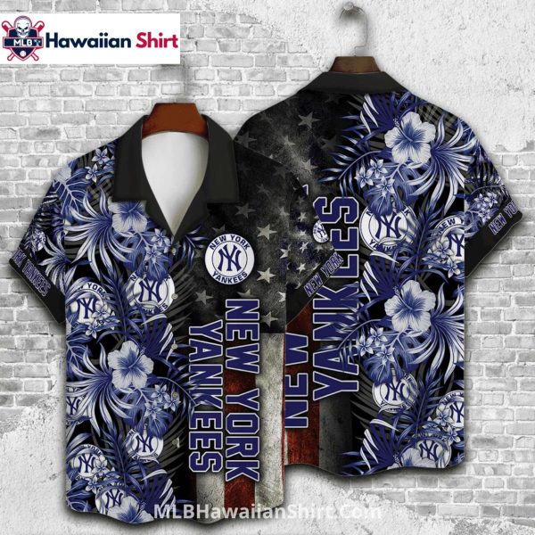 Floral And Flag NY Yankees Aloha Shirt With Grunge Design