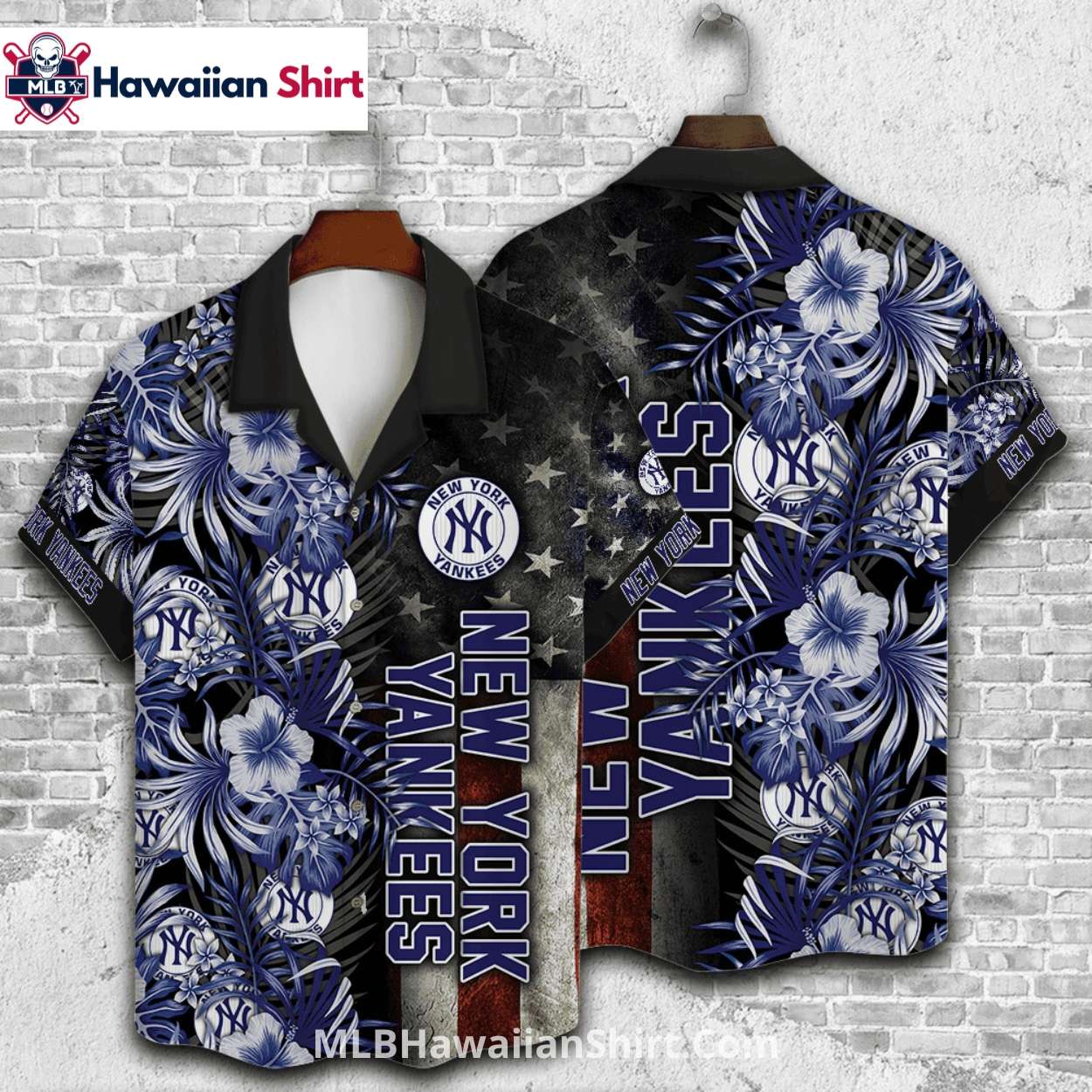 Floral And Flag NY Yankees Aloha Shirt With Grunge Design Floral And Flag NY Yankees Aloha Shirt With Grunge Design