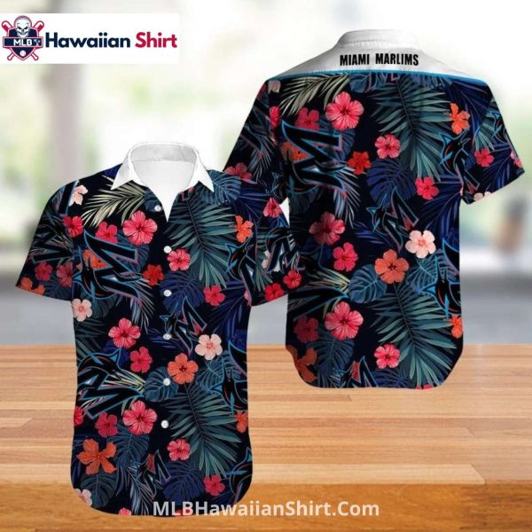 Floral Navy Marlins Hawaiian Shirt With White Collar