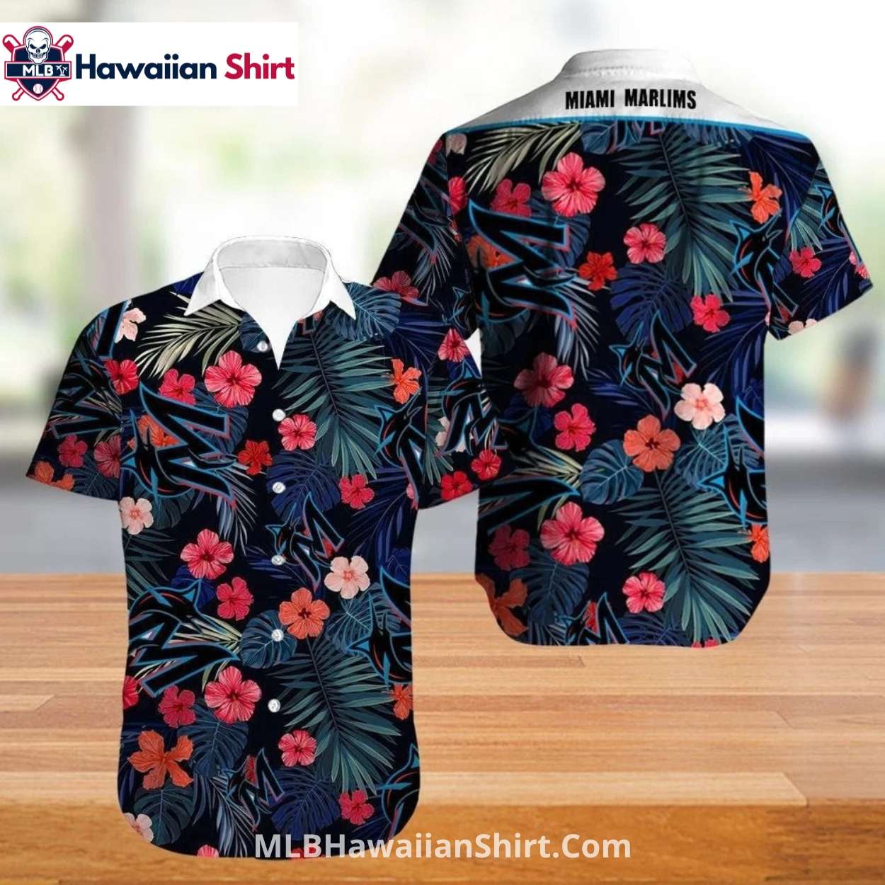 Floral Navy Marlins Hawaiian Shirt With White Collar Floral Navy Marlins Hawaiian Shirt With White Collar