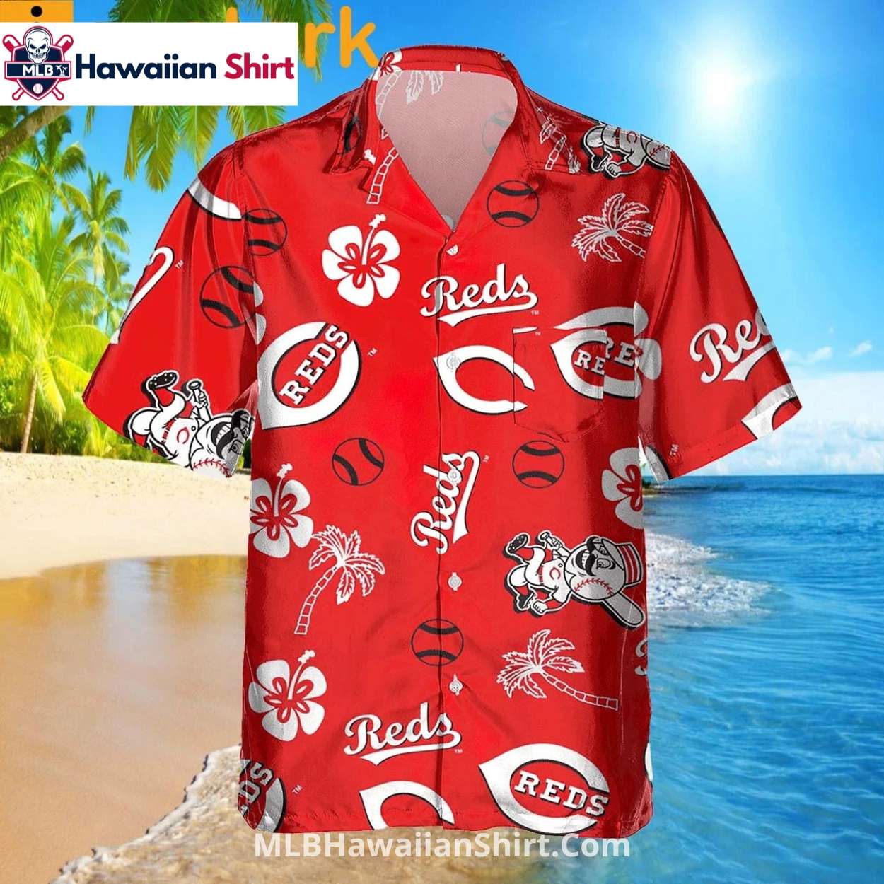 Mascot And Palm Print Cincinnati Reds Hawaiian Shirt Red Fun Mascot And Palm Print Cincinnati Reds Hawaiian Shirt Red Fun