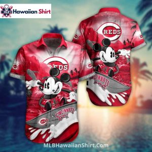 Mickey Surfing Waves Cincinnati Reds Hawaiian Shirt Cartoon