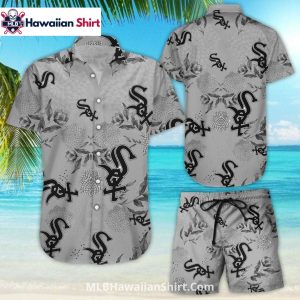 Monochrome Botanical Pattern White Sox Aloha Shirt Set