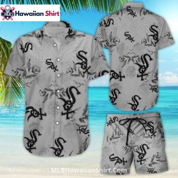 Monochrome Botanical Pattern White Sox Aloha Shirt Set