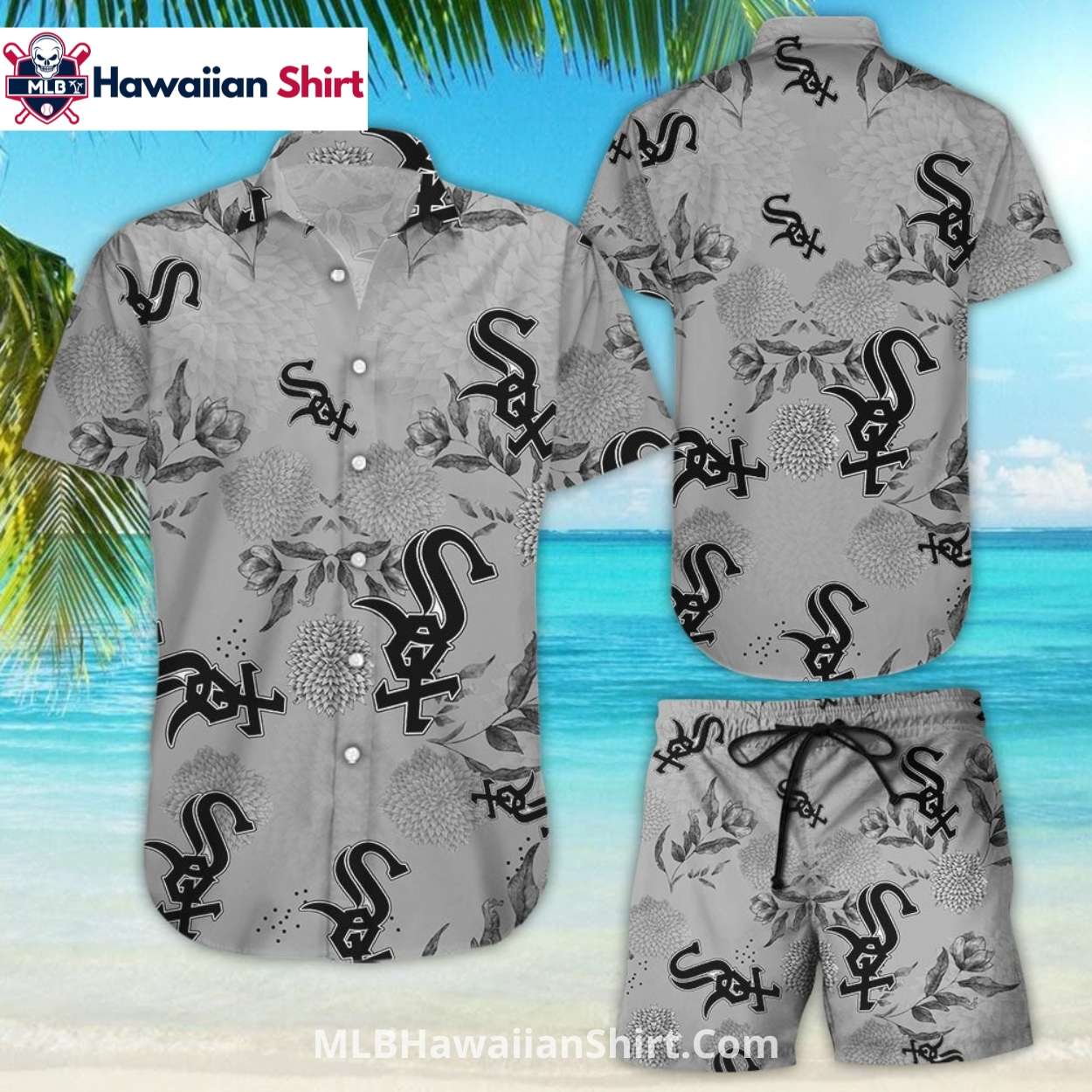 Monochrome Botanical Pattern White Sox Aloha Shirt Set Monochrome Botanical Pattern White Sox Aloha Shirt Set
