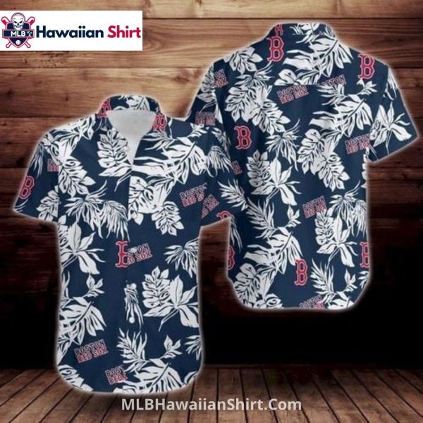 Monstera Leaf Print Red Sox Hawaiian Shirt Navy And White