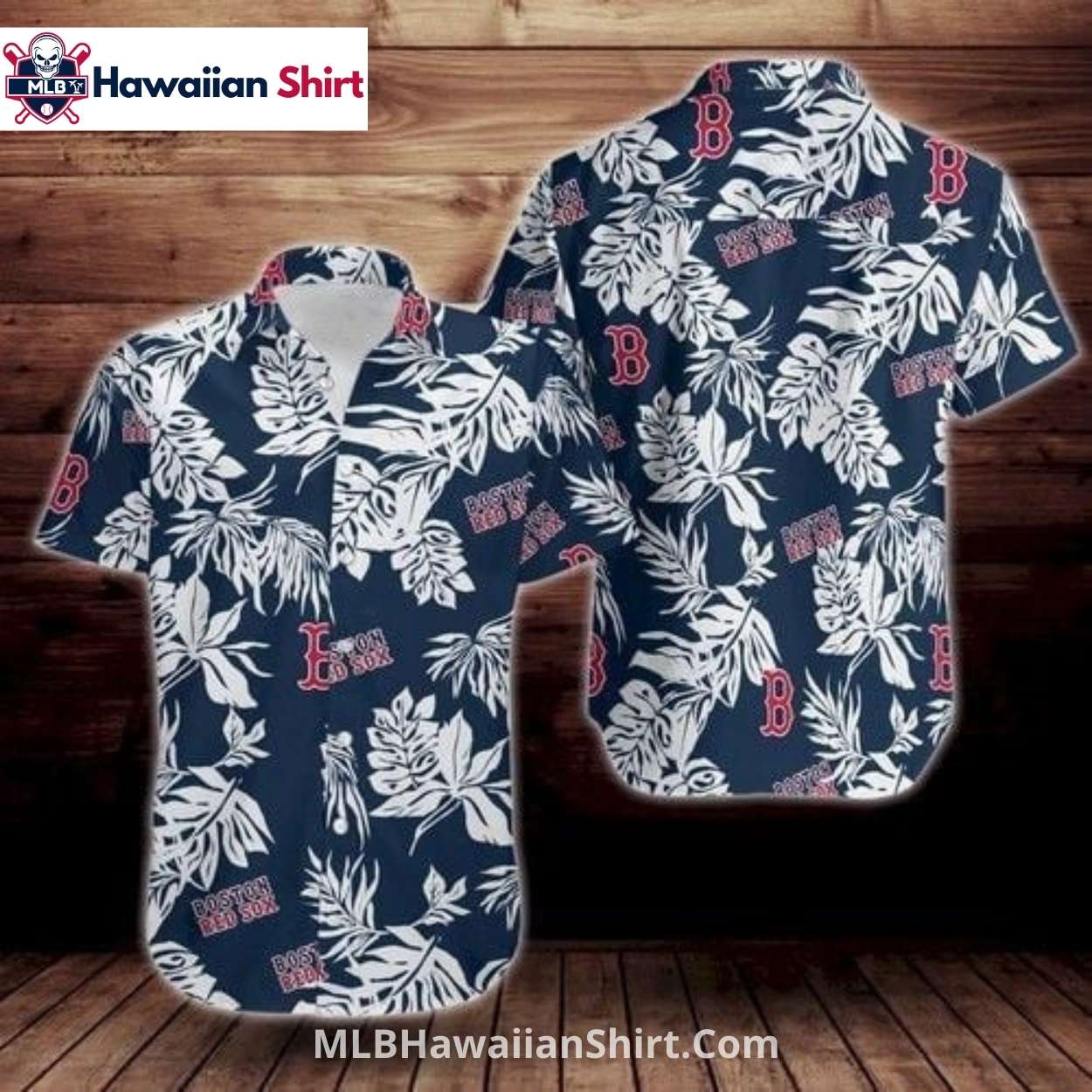 Monstera Leaf Print Red Sox Hawaiian Shirt Navy And White Monstera Leaf Print Red Sox Hawaiian Shirt Navy And White