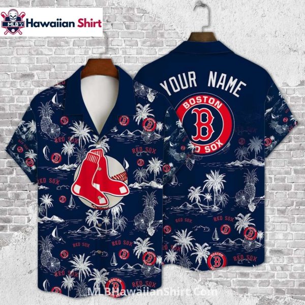 Navy Island Sketch Red Sox Aloha Shirt With Large Socks Logo