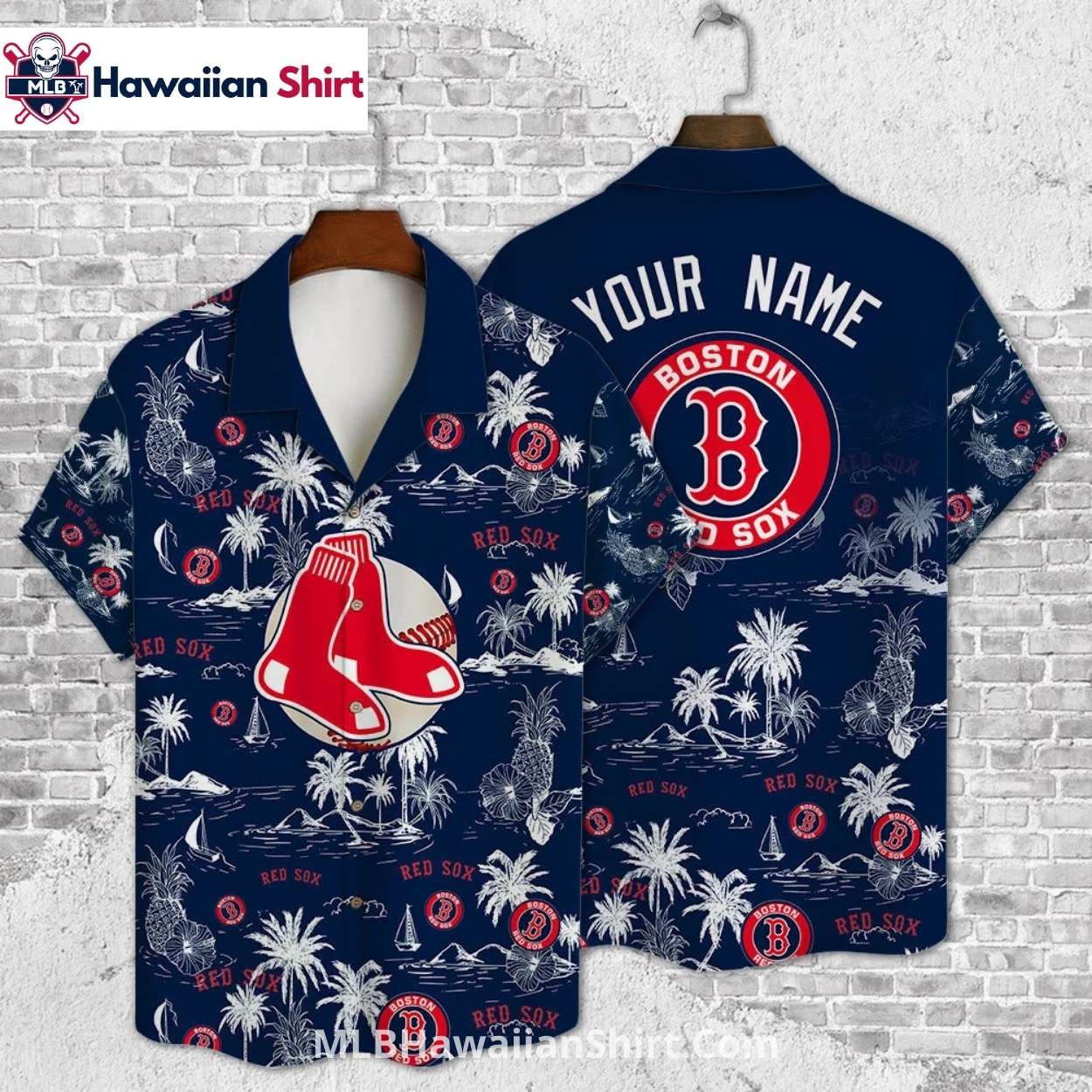Navy Island Sketch Red Sox Aloha Shirt With Large Socks Logo Navy Island Sketch Red Sox Aloha Shirt With Large Socks Logo