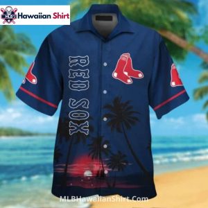 Navy Sunset Palm Boston Red Sox Aloha Shirt With Red Sleeves